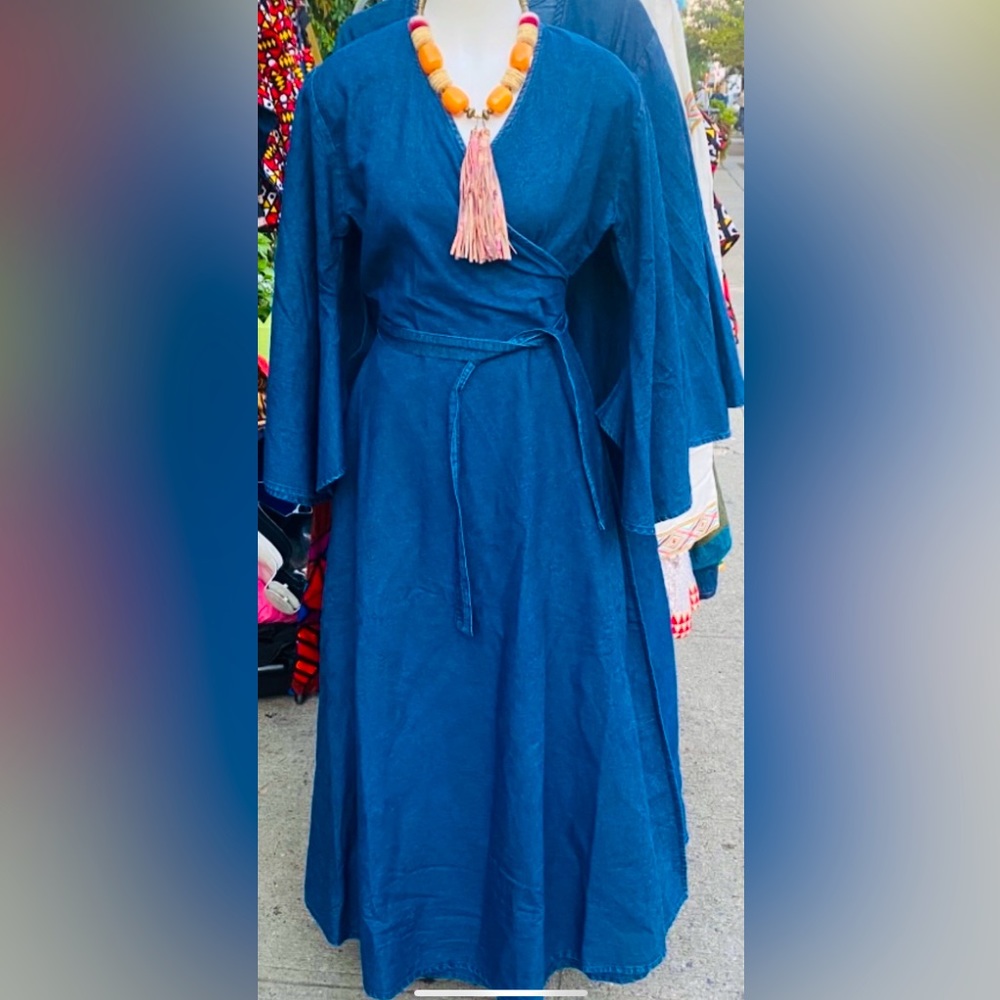 Designer denim wrap dress with bell sleeves
